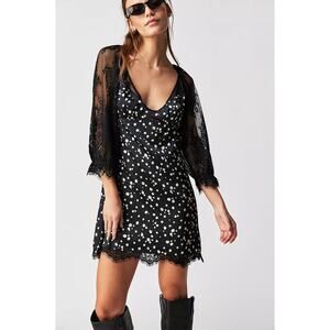 Free People ABOUT THAT Black Lace Polka Dot Satin Mini Dress Size S NWOT $168